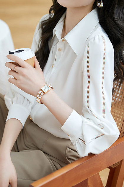Simple Design Fagoting Sleeve Shirt - liwisi
