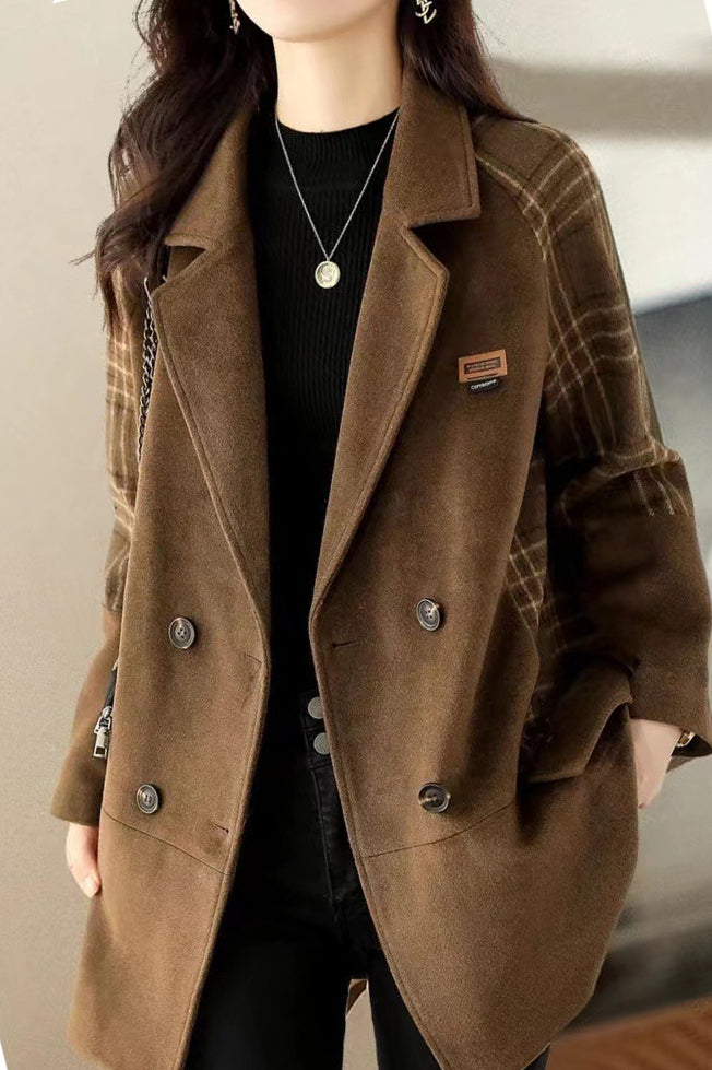 Fashionable Plaid Patchwork Wool Blend Coat - liwisi