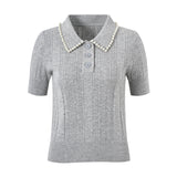 Pearl-Decorated Stand Collar Aran Knit Top - liwisi