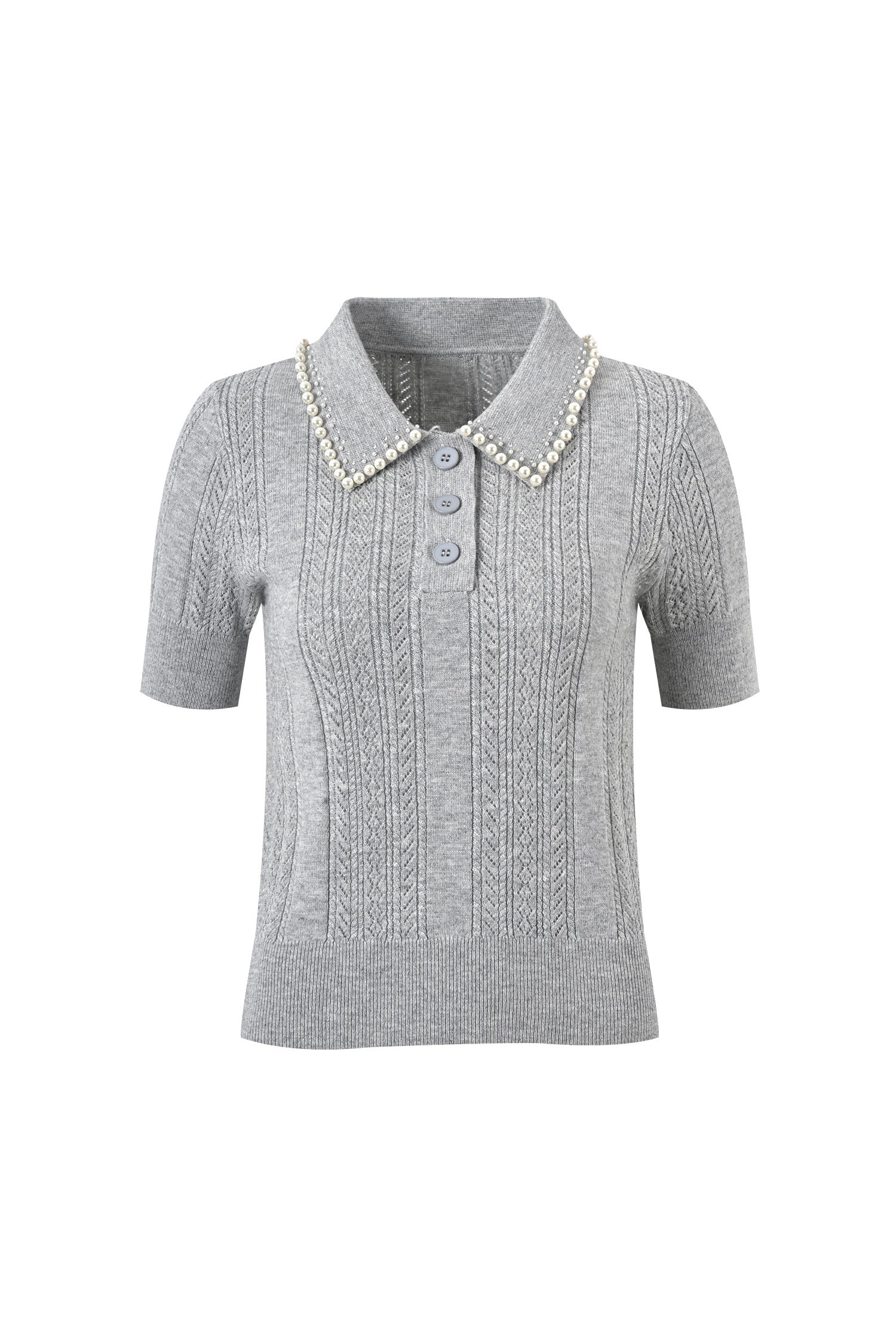 Pearl-Decorated Stand Collar Aran Knit Top - liwisi