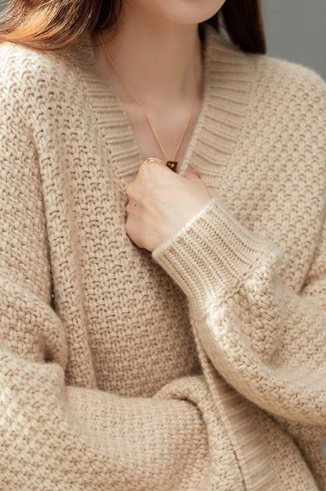 Open Collar Full Opening Buttonless Shawl Knit Jacquard Plain Cardigan - liwisi
