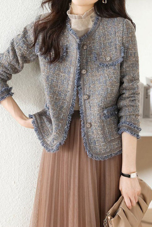 Elegant-Inspired Round Neck Fringe Decor Jacket with Lining - liwisi