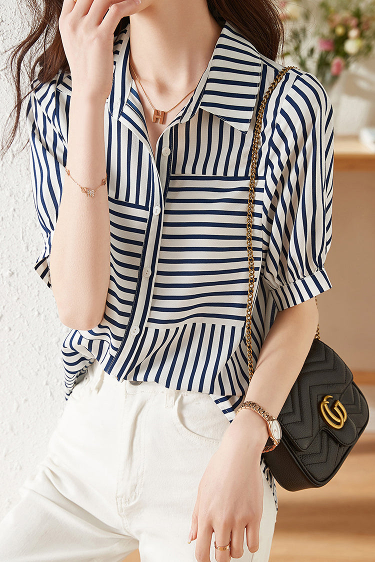 Striped Docking Gathered Short Sleeve Shirt - liwisi