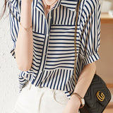Striped Docking Gathered Short Sleeve Shirt - liwisi