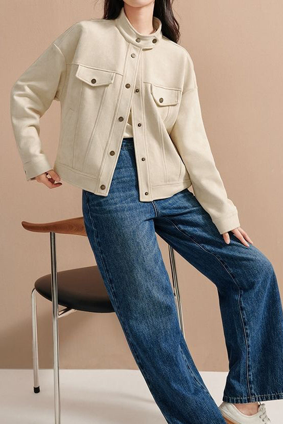 Stand Collar Short Jacket with Lining - 2 Colors Available - liwisi