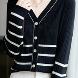 Casual Versatile Color-Block Striped V-Neck Knitted Cardigan
