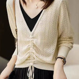 Cutout Jacquard Two-tone V-Neck Faux-Layer Knit Sweater - liwisi