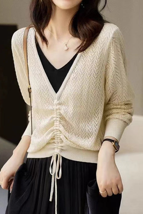Cutout Jacquard Two-tone V-Neck Faux-Layer Knit Sweater - liwisi