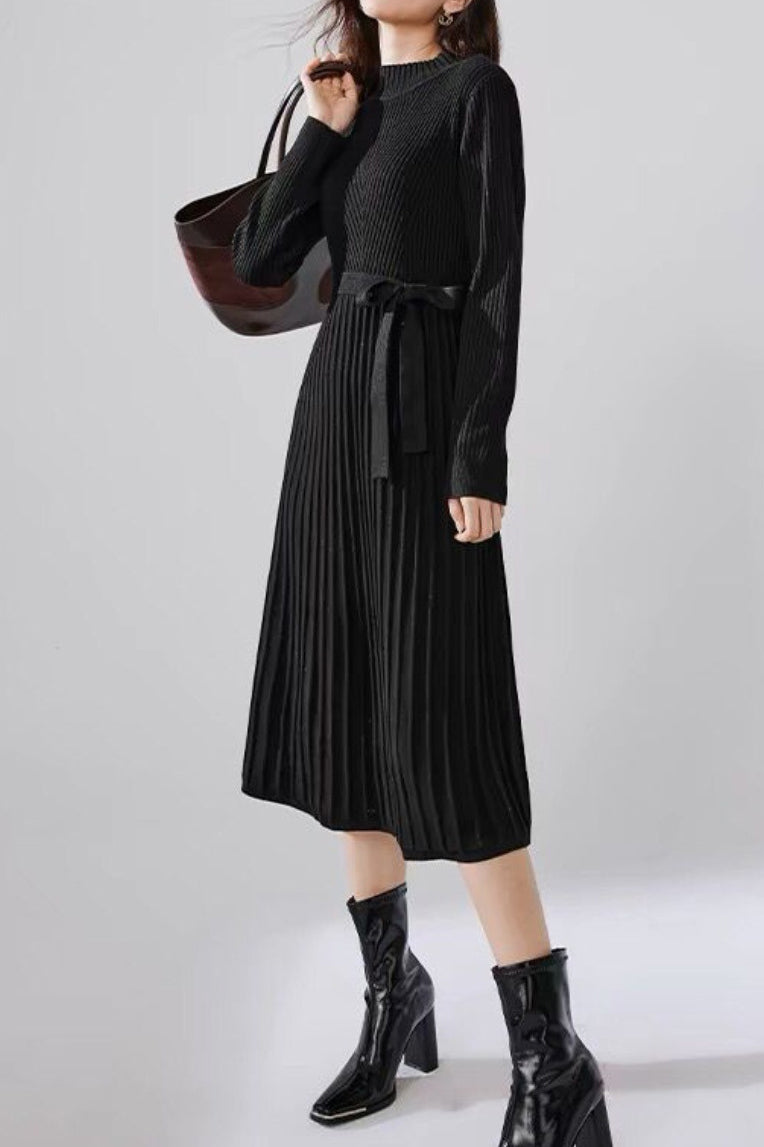 Bottle Neck Pleated Docking Knit Dress - 2 Colors Available - liwisi