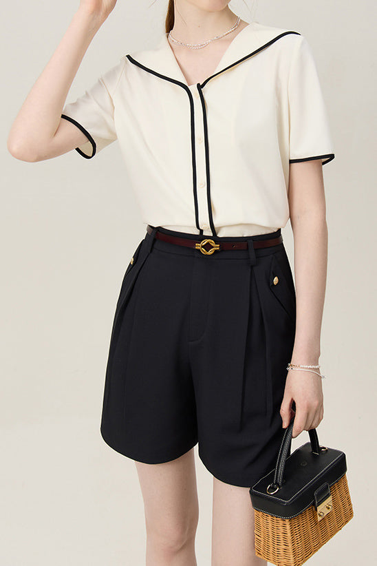 Sailor Collar Contrasting Piping Hem Sheer Blouse - liwisi