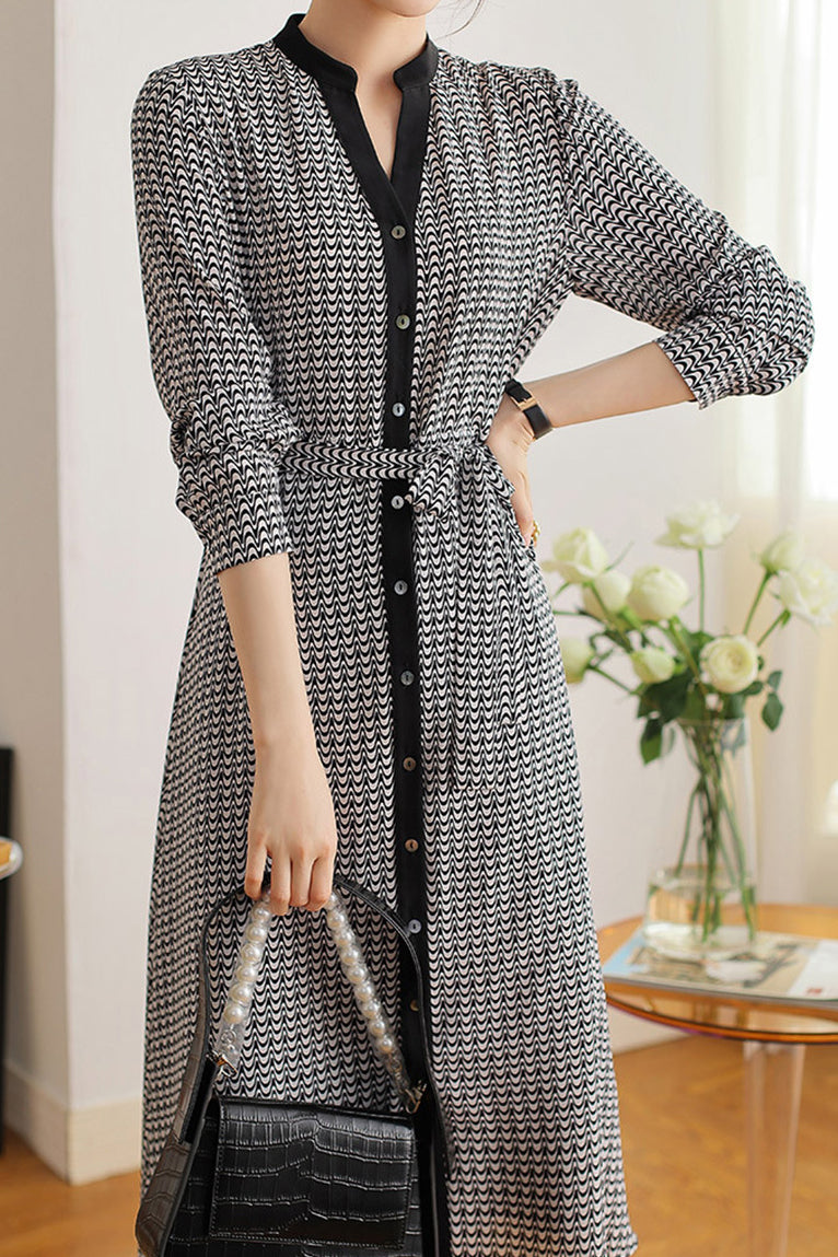 Skipper Collar Printed Tie-Belted Dress with Lining - liwisi
