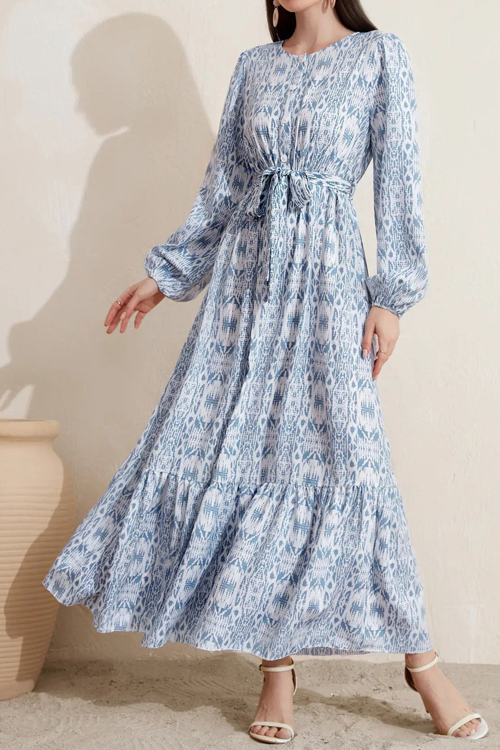 Round Neck Printed Maxi Prairie Dress - liwisi