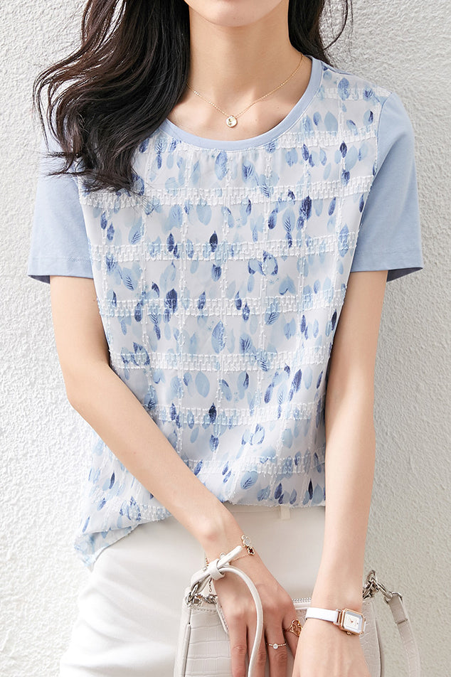 Round Neck Art Print Jacquard Check Contrast T-Shirt with Lining - liwisi