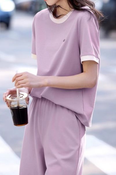 Casual color-block short-sleeve long pants two-piece set. - liwisi