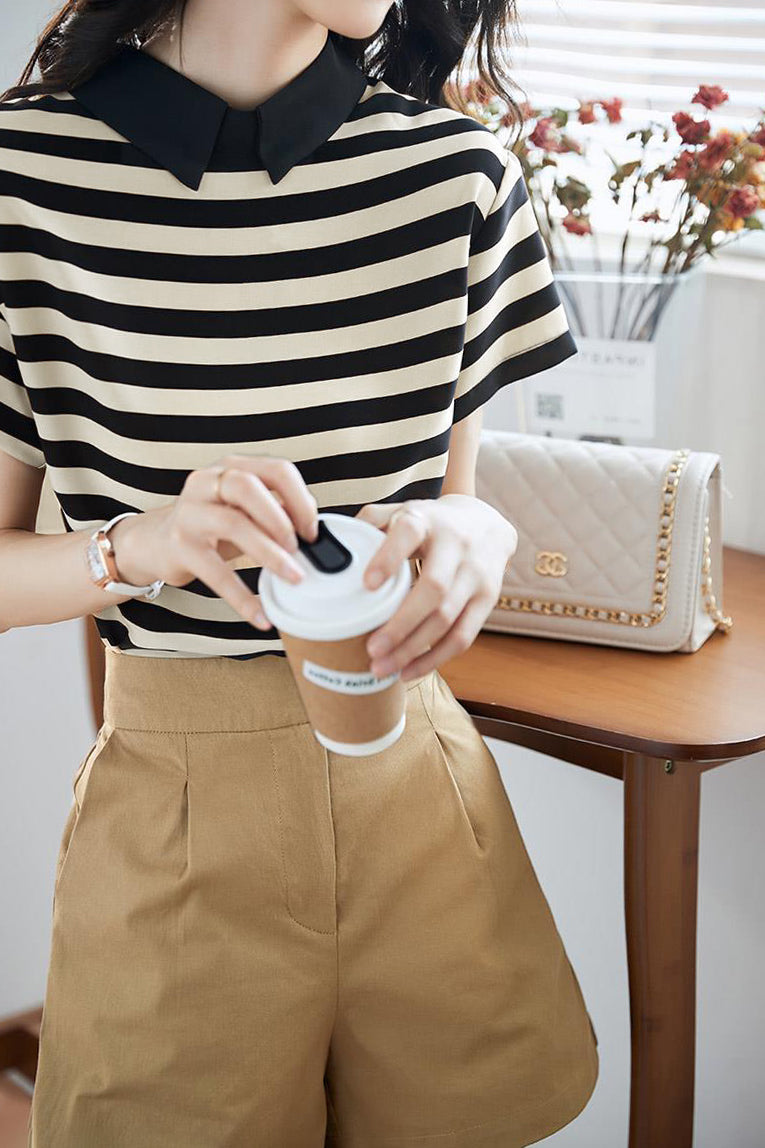 Polo Collar Striped Drop Shoulder Shirt - liwisi