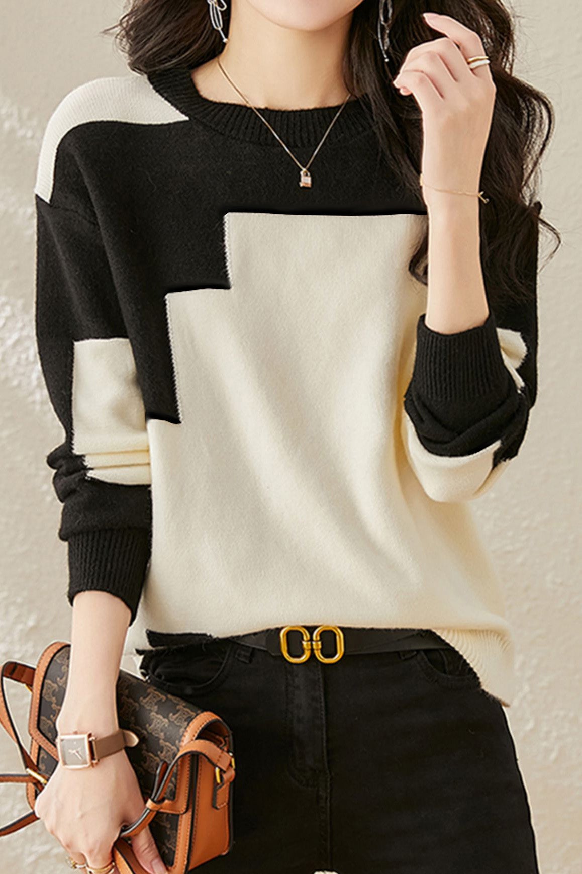 Casual Comfortable Dual-Tone Crew Neck Knit Sweater - liwisi
