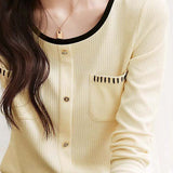 Pocketed Round Neck Black Edge Knit - liwisi