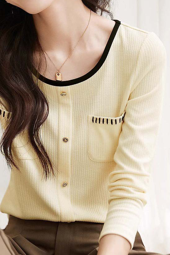 Pocketed Round Neck Black Edge Knit - liwisi