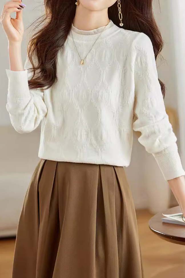 Bottle Neck Ruffled Decor Rib Hem Knit - liwisi