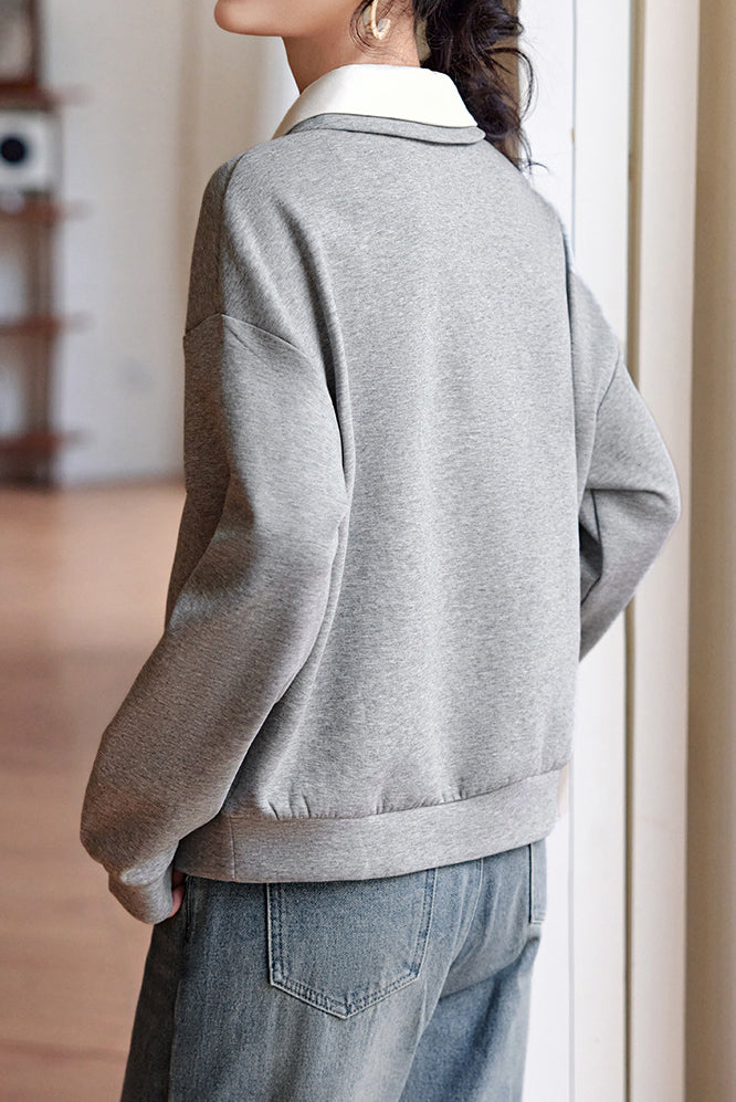 Double Polo Collar Logo Embroidered Drop Shoulder Sweatshirt - liwisi