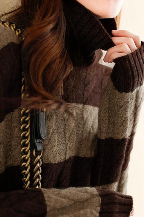 Color-Block Striped Cable Knit Turtleneck Sweater - liwisi