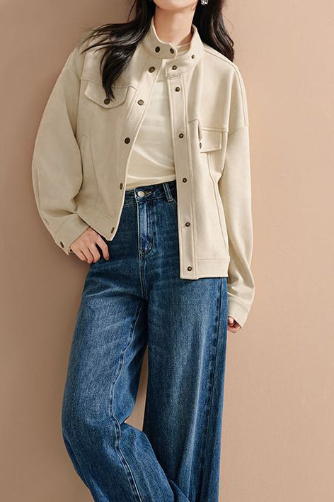 Stand Collar Short Jacket with Lining - 2 Colors Available - liwisi
