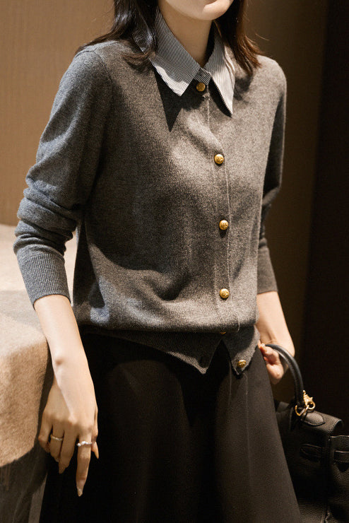 Layered Look Shirt Collar Striped Contrast Knit Cardigan - 3 Colors Available - liwisi
