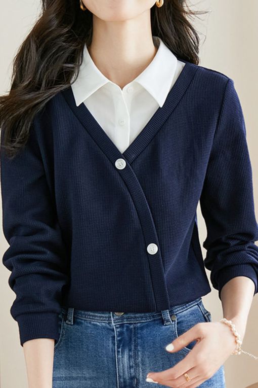 Faux Two-Piece Waffle Knit Sweatshirt - liwisi