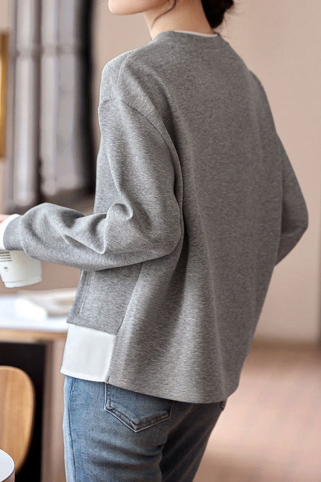 Layered Look Mixed Material Round Neck Sweatshirt - liwisi