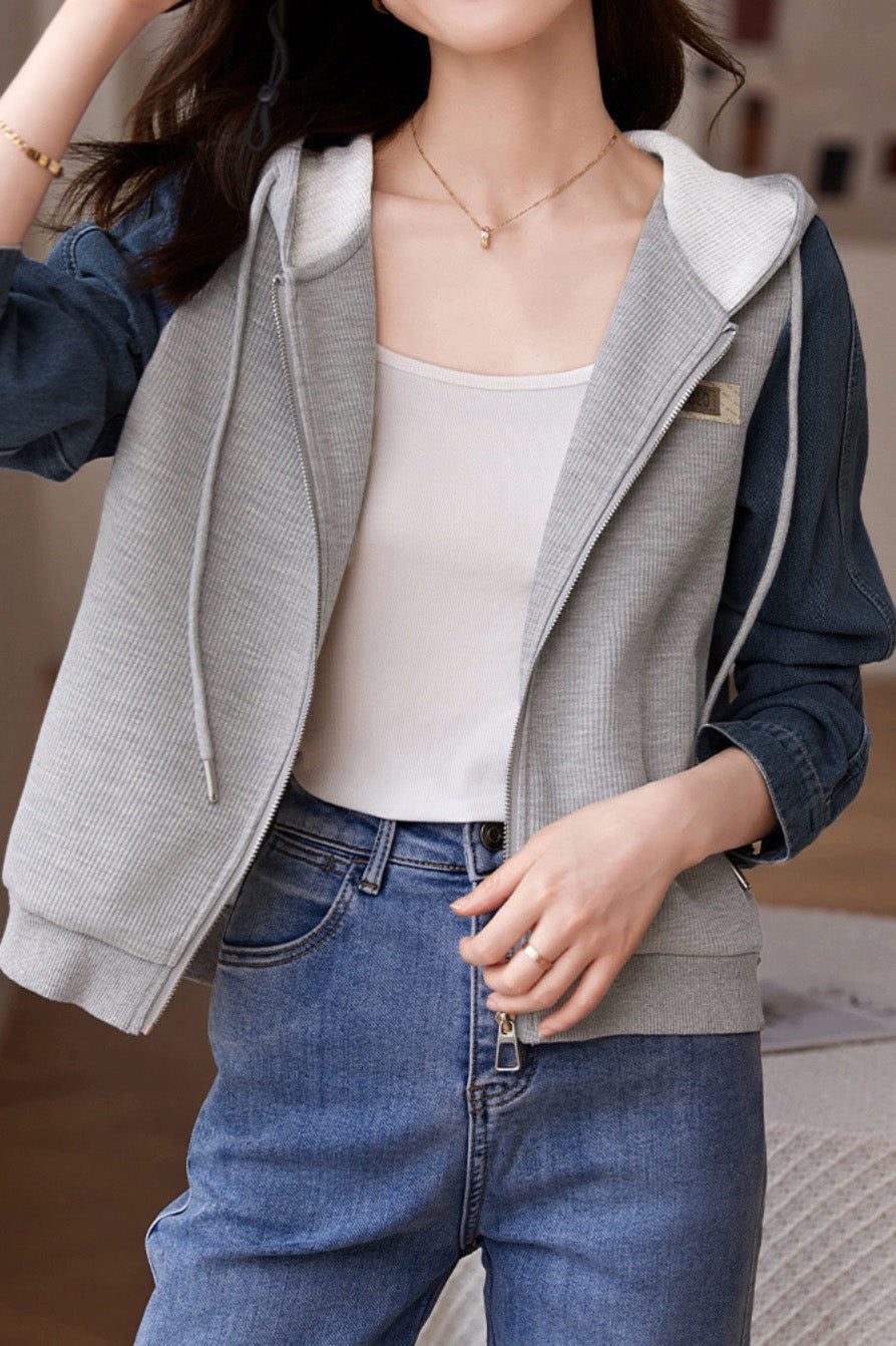 Hooded Zip-Up Denim Contrast Jacket - liwisi