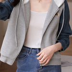 Hooded Zip-Up Denim Contrast Jacket - liwisi