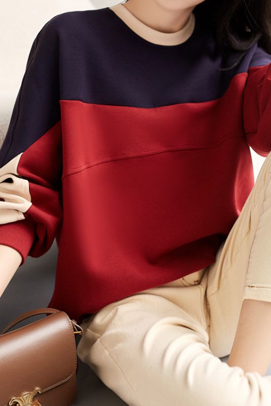 Round-neck Long-sleeved Loose Patchwork Sweatshirt. - liwisi