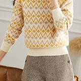 Casual Bottle Neck Diamond Pattern Knit Top - liwisi