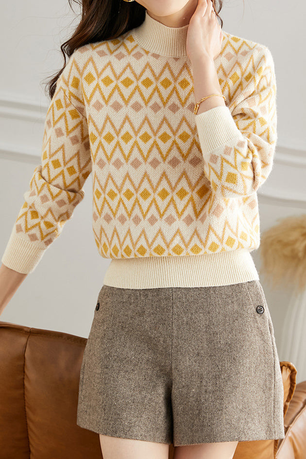 Casual Bottle Neck Diamond Pattern Knit Top - liwisi