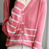 Casual Versatile Color-Block Striped V-Neck Knitted Cardigan