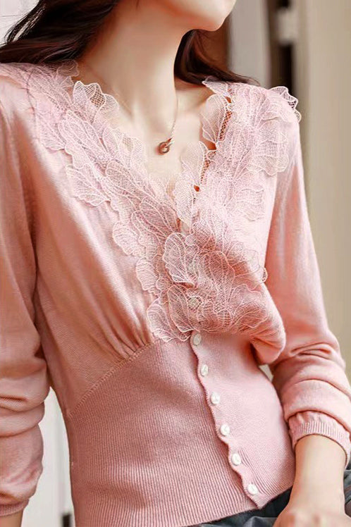 V-Neck Embroidered Lace Decor Knit Cardigan - 3 Colors Available - liwisi