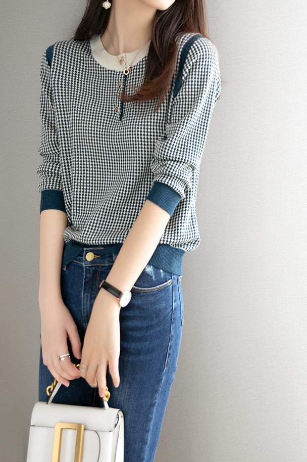 Round Neck Slit Opening Check Knit - 2 Colors Available - liwisi