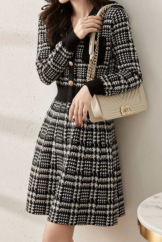Elegant V-neck Houndstooth Knit Dress - 2 Colors Available - liwisi