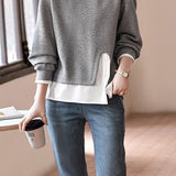 Layered Look Mixed Material Round Neck Sweatshirt - liwisi