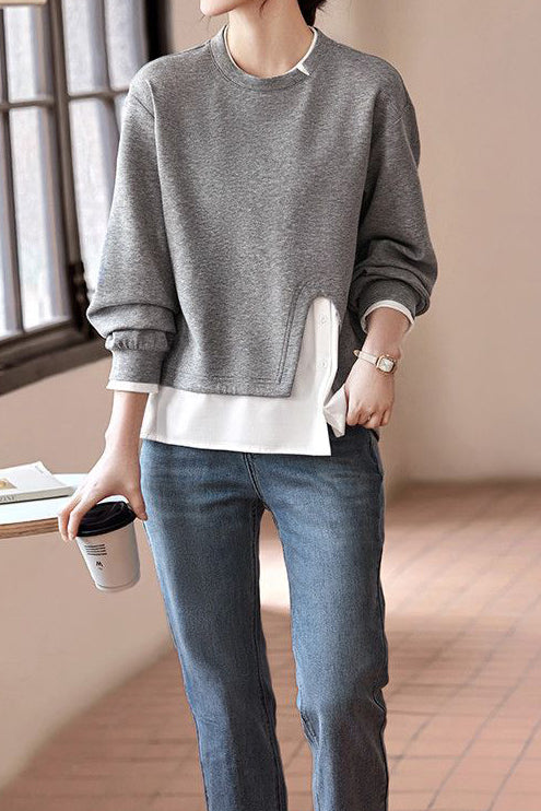 Layered Look Mixed Material Round Neck Sweatshirt - liwisi