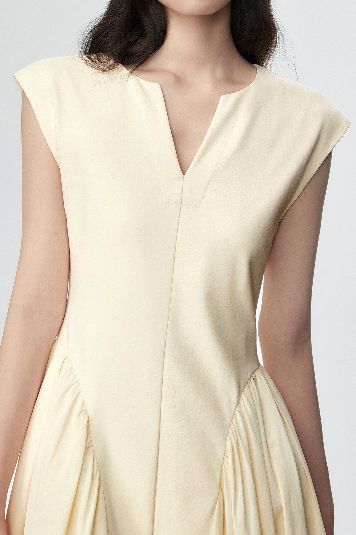 Key Neck Side Gathered Long Flare Dress with Lining - liwisi
