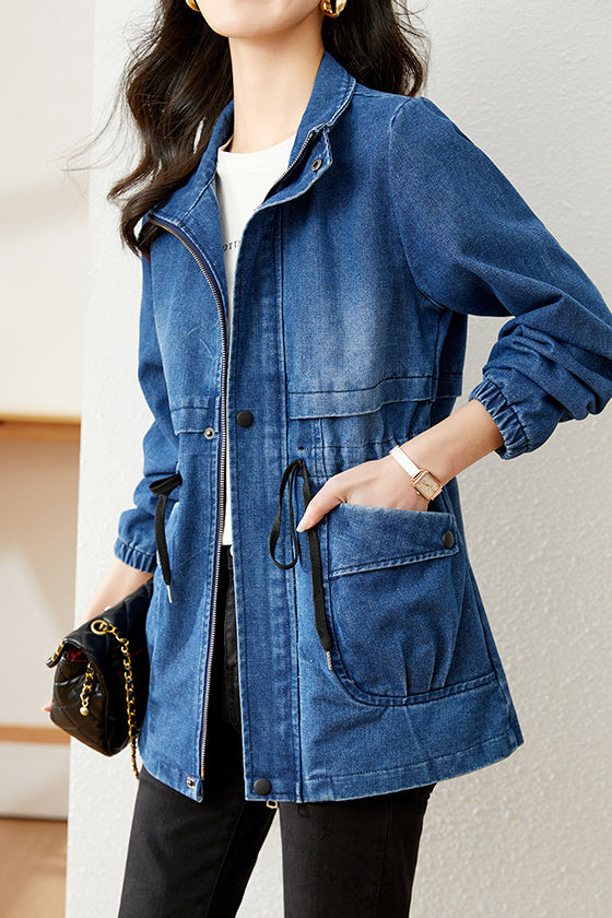 Stand Collar Zip-Up Denim Jacket - liwisi