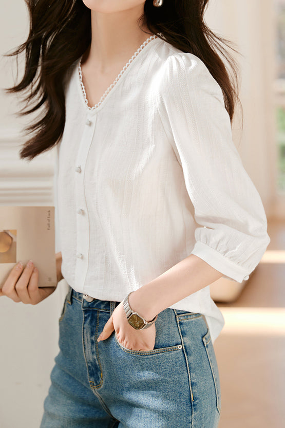 Scalloped V-Neck Button Decor Embroidered Blouse - liwisi
