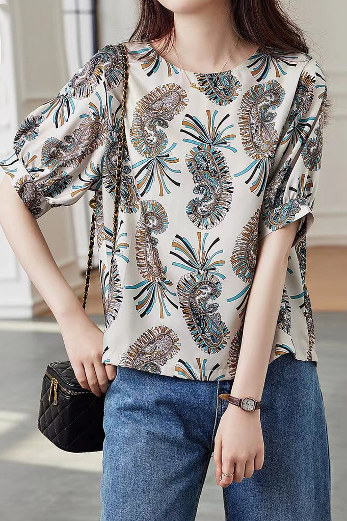 Round Neck Paisley Print Short Sleeve Blouse - liwisi
