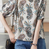 Round Neck Paisley Print Short Sleeve Blouse - liwisi