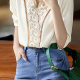 Scalloped V-Neck Embroidered Satin Blouse - liwisi