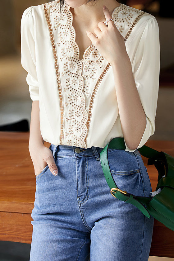 Scalloped V-Neck Embroidered Satin Blouse - liwisi