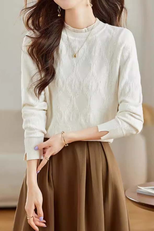Bottle Neck Ruffled Decor Rib Hem Knit - liwisi