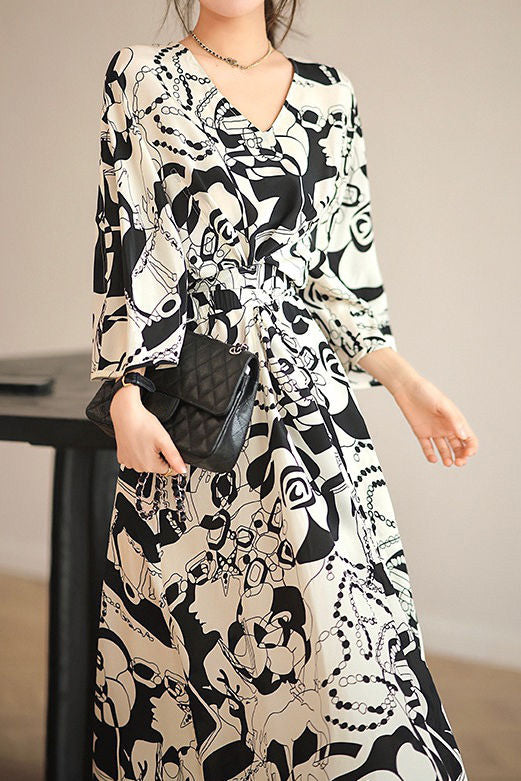 Stylish Printed Waist-Cinched Dress - liwisi