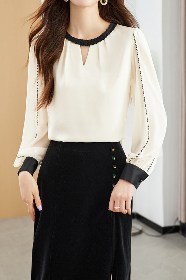 Front Cut-Out Long Sleeve Satin Blouse - 2 Colors Available - liwisi